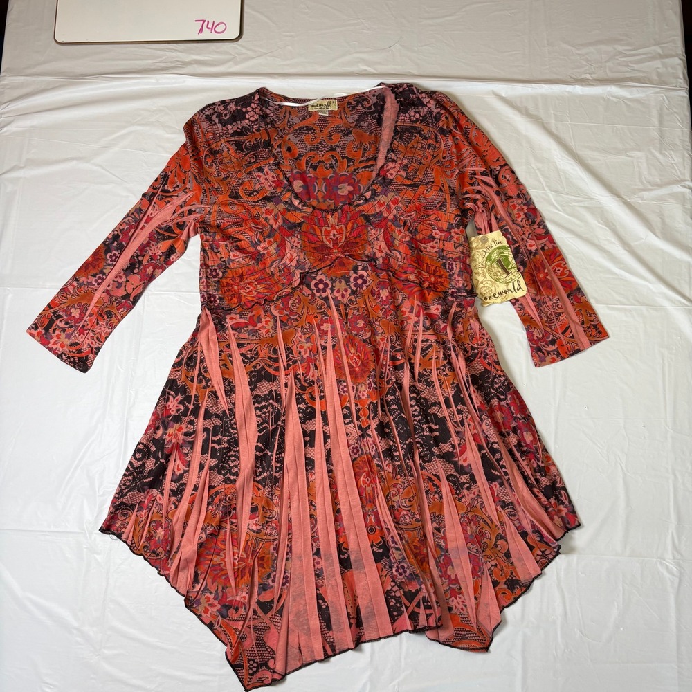One World Women Orange Pink Paisley Floral V-Neck Sharkbite Tunic Top Small NWT‎